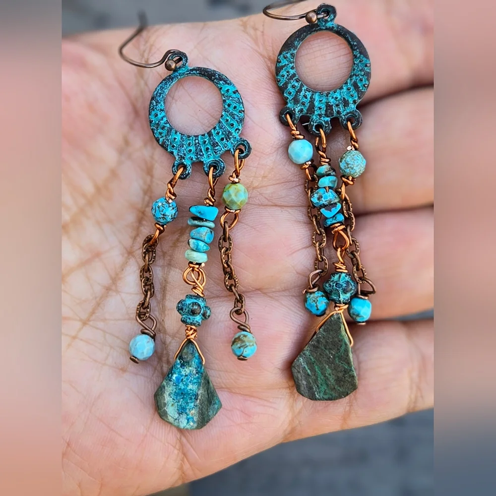 Genuine Turquoise In Green-Blue Patina Verdigris Chandelier Earrings In Copper